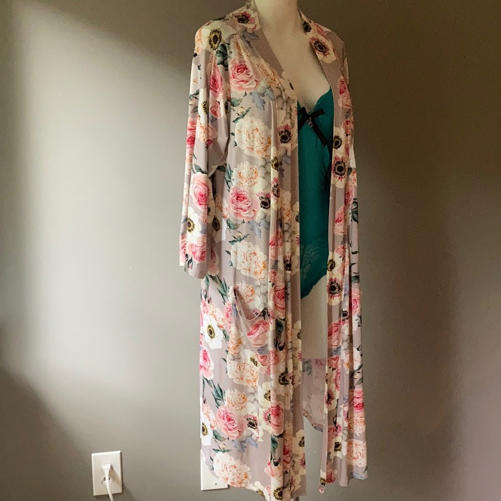Posh Peanut Floral Long Robe in Cream with Pink Roses NO belt